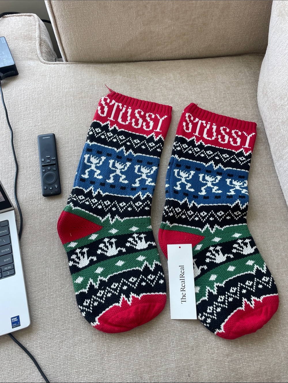 Stussy Red, Blue, Green Patterned Holiday Socks